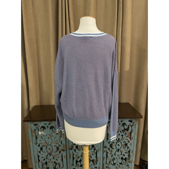 Tommy Jeans Brand Mesh-Stitch Sweater Purple W/Red Under Tones Big Peace Logo - Picture 2 of 6